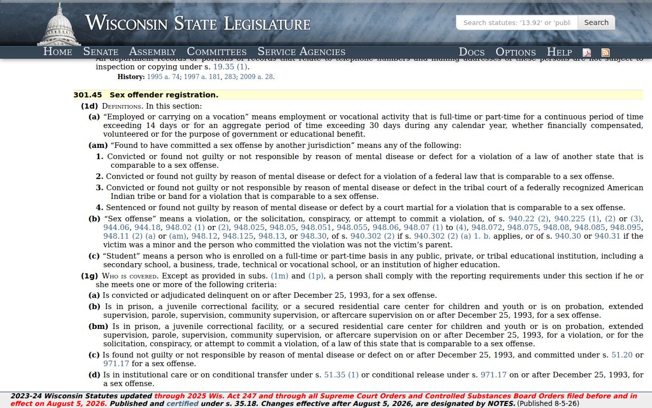 Wisconsin registration law for Walworth County sex offender records