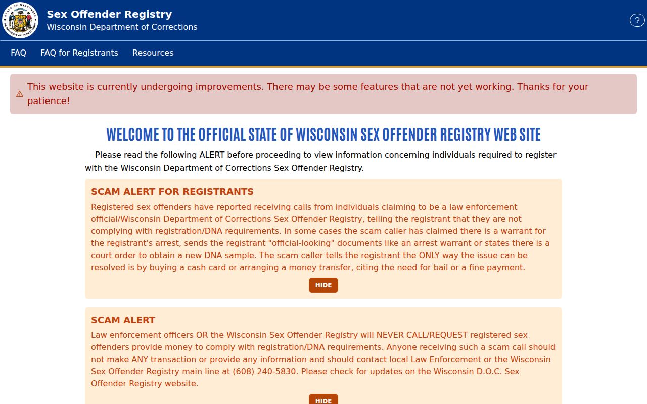 Wisconsin DOC Walworth County sex offender registry search interface